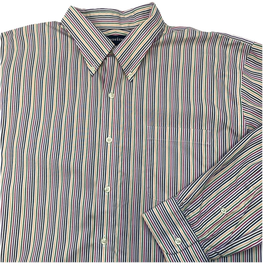 Lands End Rainbow Stripe Long Sleeve Shirt 17.5 /33 100% Cotton Vintage Retro